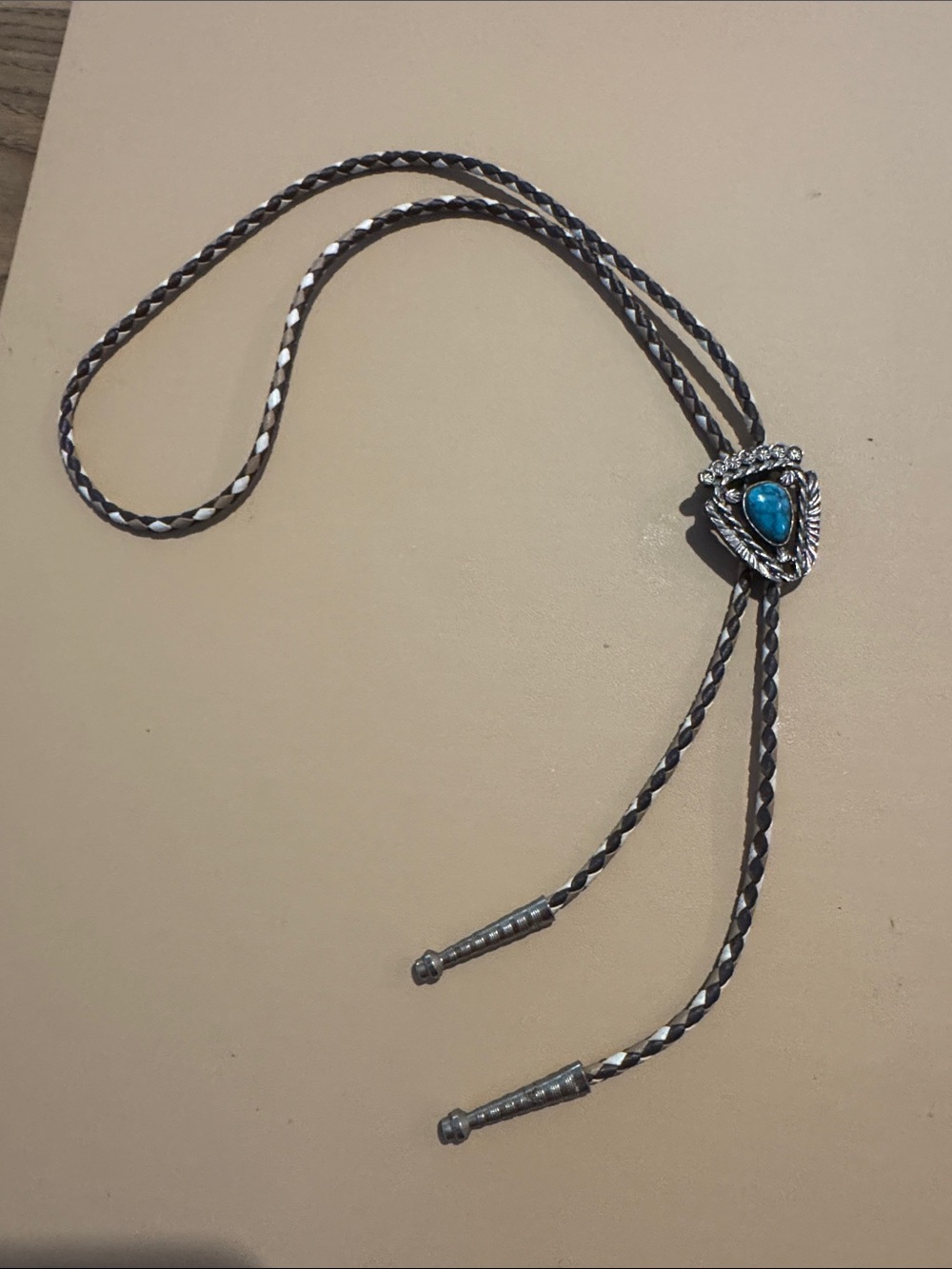 Turquoise Teardrop Bolo Tie Vintage Silver & Brown